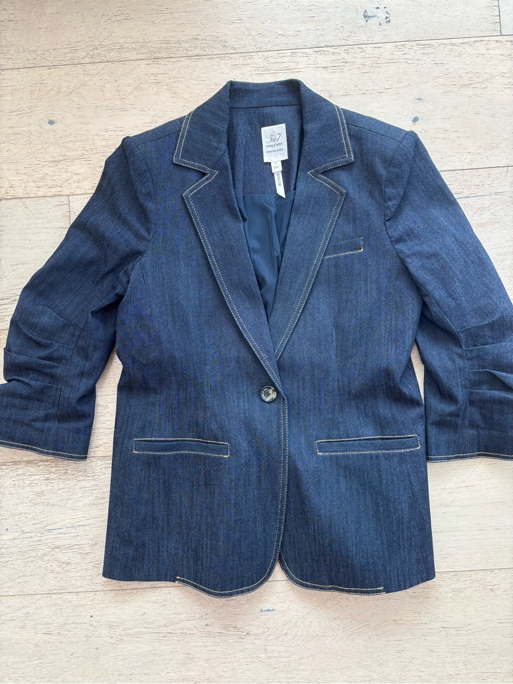 cinq a sept Dark Blue Denim Khloe Blazer with Contrast Stitching